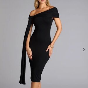 Off-Shoulder Black Midi Dress